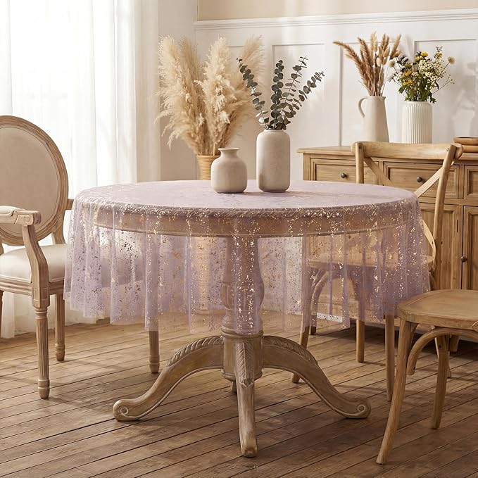 Horaldaily Grayish Purple Gold Tablecloth 60x60 Inch Round, Golden Sequin Glitter Metallic Foil, Sheer Tulle Cheesecloth for Wedding Baby Shower Ceremony Birthday