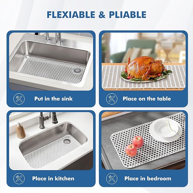 Silicone Sink Protectors for Kitchen Sink - 28.4"x 14.3" Kitchen Protector Accessory, Non-Slip Heat Resistant Mat for Bottom of Farmhouse Porcelain Stainless Steel(Top Right Drain Hole,White)