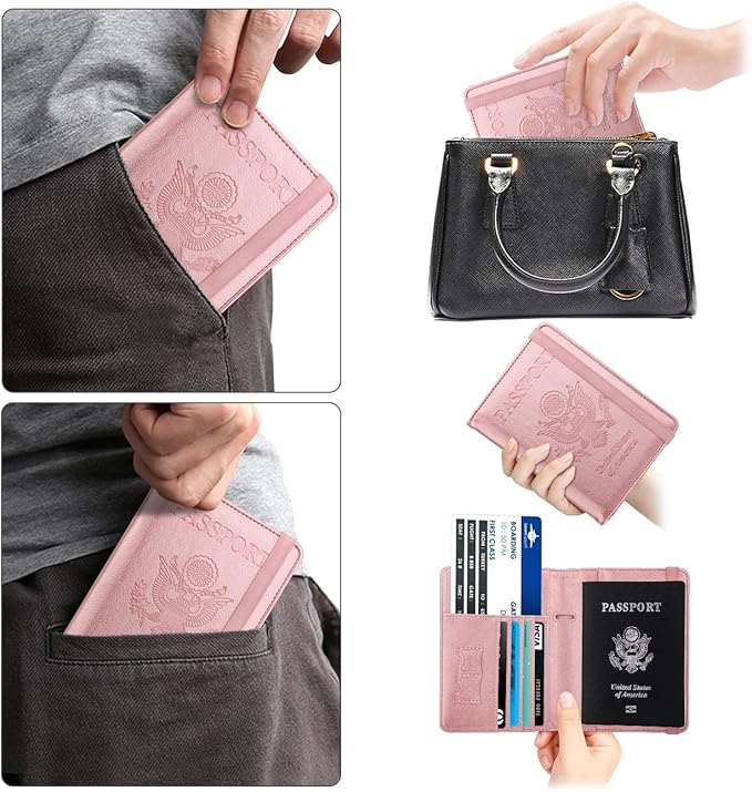 WALNEW Passport Holder for Travel, RFID Passport Cover Wallet for Women Men, PU Leather Passport Book Card Holder Case with Pen, Travelling Essentials for Flying