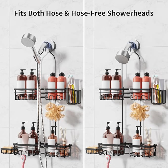 Daoun Shower Caddy Hanging with Door Hook - Split Design for Handheld Showerheads, Rustproof Over The Showerheads Bathroom Organizer with Hooks Soap and Toothbrush Holder, Bathroom Accessories Black
