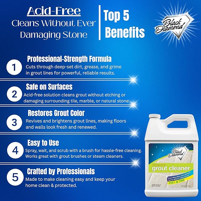 Black Diamond Stoneworks Ultimate Grout Cleaner for Tile Floors — Acid-Free Deep Cleaner Removes Grease, Dirt & Soap Scum Without Damaging Grout — Safe for Marble and All Natural Stone (4-Gallons)