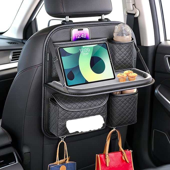 Leather Car Backseat Organizer with Foldable Table Tray - Cup, Tissue, Tablet Holder & Purse Hook, Road Trip Essentials for Car (Black)