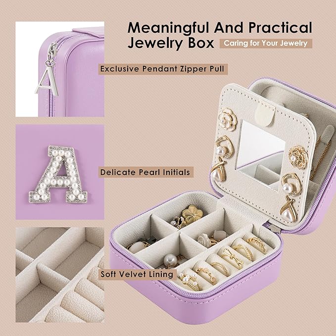 Travel Jewelry Case, Small Jewelry Box Organizer with Personalized Initials, Gifts for Girl Women, Wife Girlfriend Daughter Niece, Bridesmaid Gifts, Birthday