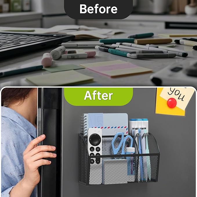 YINGHUA Magnetic Pen Holder for Whiteboard and Refrigerator 3 Compartments Metal Mesh Organizer Space Saving Shelf for Office School Home and Locker - Black