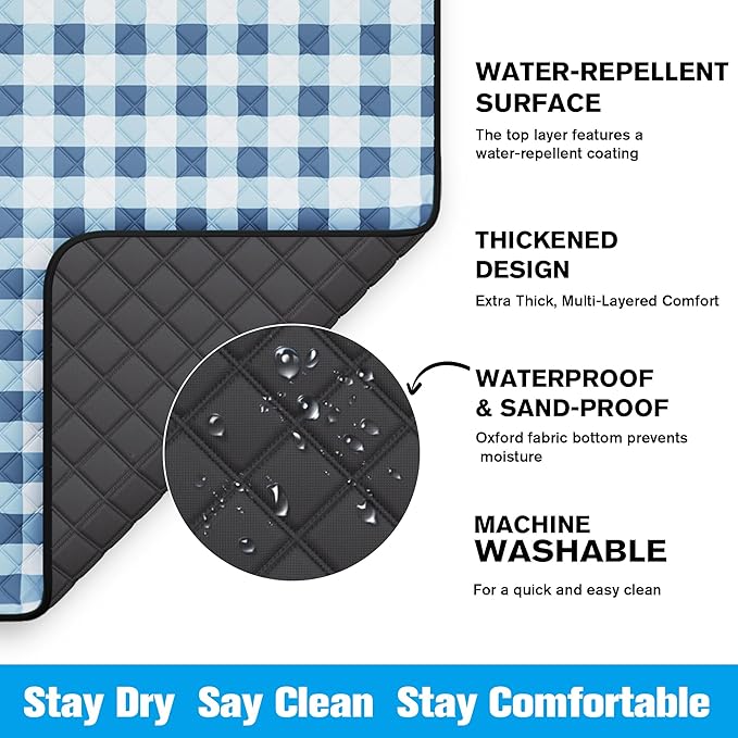 TigeJoy Extra Large Picnic Blanket Waterproof Foldable 80''x118'', Outdoor Picnic Mat Beach Blanket Sandproof for Park, Grass, Travel, Hiking, Camping Essentials, Gingham Picnic Blanket
