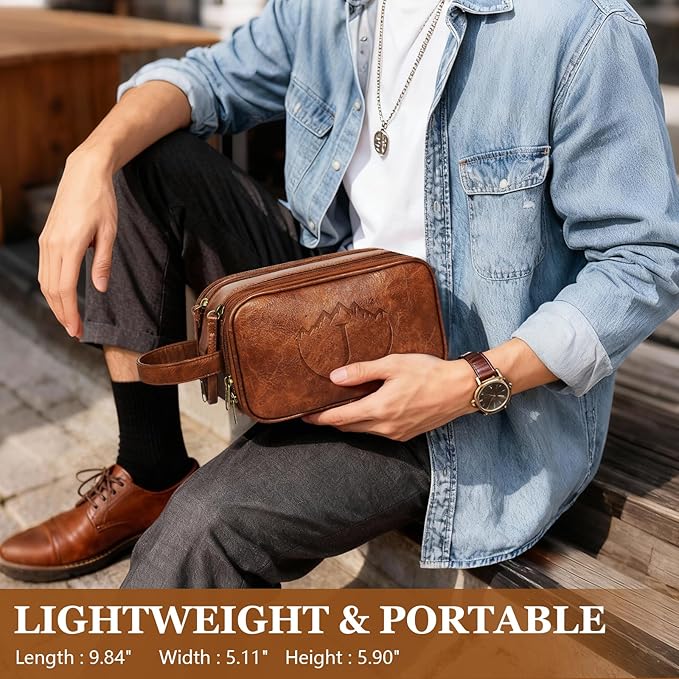 Travel Toiletry Bag for Men,Mens Shaving Bags for Toiletries,Men's Toiletry Travel Bag Leather,Personalized Travel Essentials,Birthday Gifts For Men,Brown- J