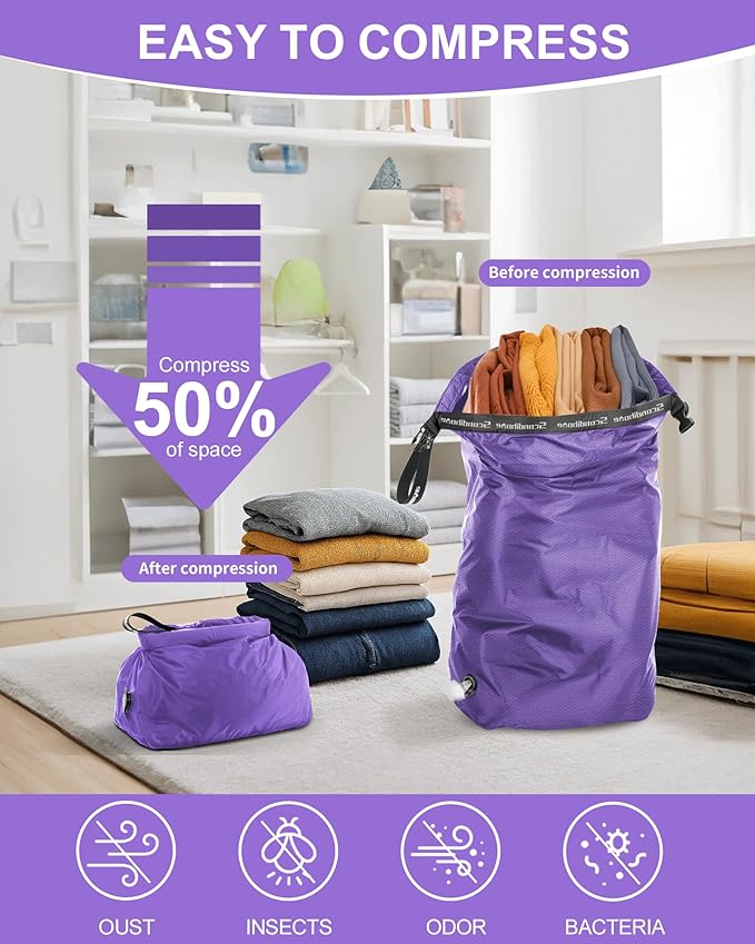 Travel Laundry Bag, Pump-free Vacuum Compression Dirty Clothes Bag, Large Reusable Waterproof & Washable Laundry Bag, Wet and Dry Bag, Ideal for Suitcases, Laundromats (1 Pcs) Purple
