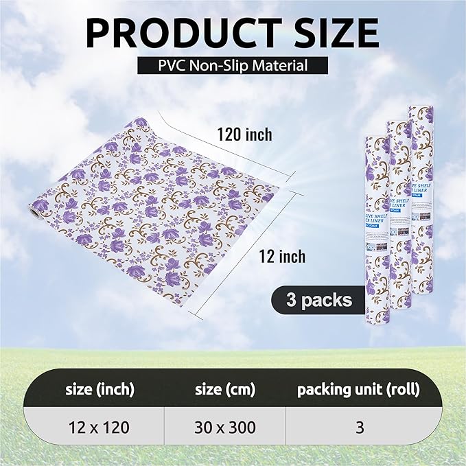 12X120 Inch Shelf Liner for Kitchen Cabinets, PVC Drawer Liner for Dresser Non-Slip Bathroom, Non-Adhesive Cabinet Liner Washable (Purple Floral)(3 Roll)