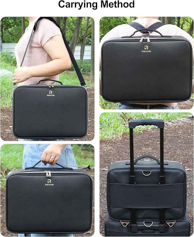 Relavel Large Makeup Case With LED Mirror, 16.2" Cosmetic Vanity Case with 3 Lighting Modes and Adjustable Brightness, Professional Travel Makeup Organizer for Makeup Artist with Strap, Black