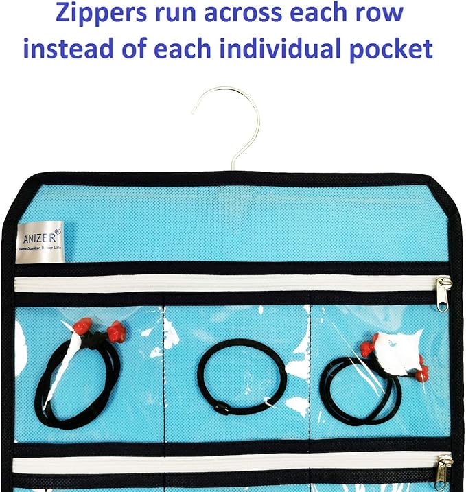 Travel Foldable Jewelry Rolls Bag Hanging Jewelry Organizer with 9 Zippered Clear Pockets Storage Pouch with Rotatable Hanger (BLUE)
