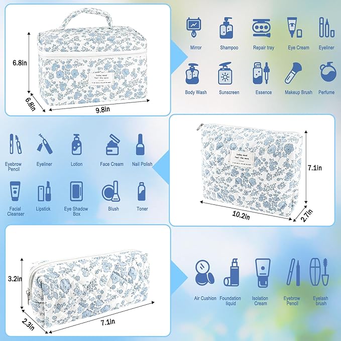 3Pcs Makeup Bag Quilted Cosmetic Bag Set Bow Travel Large Makeup Pouch for Women Cute Portable Cotton Toiletry Bag Skincare Organizer Coquette Vintage Travel Essential