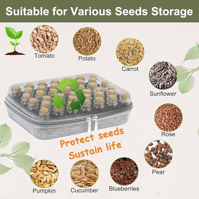 40 Slots Seed Storage Organizer with 20 Seed Envelopes, Sturdy Organizer Storage Box with Label Stickers, Glass Container for Flower Vegetable Garden Seed Saving (Seeds not Included)