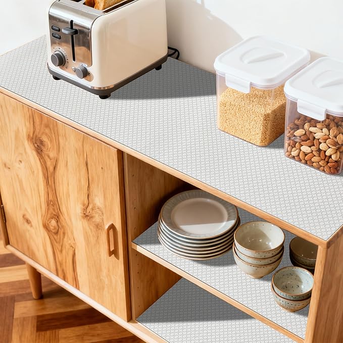FIFTY FEET 18"x96" Non-Adhesive Shelf Liner for Kitchen Cabinets and Drawers, Washable Non-Slip PVC Cabinet Liner (White Circle)(1 Roll)