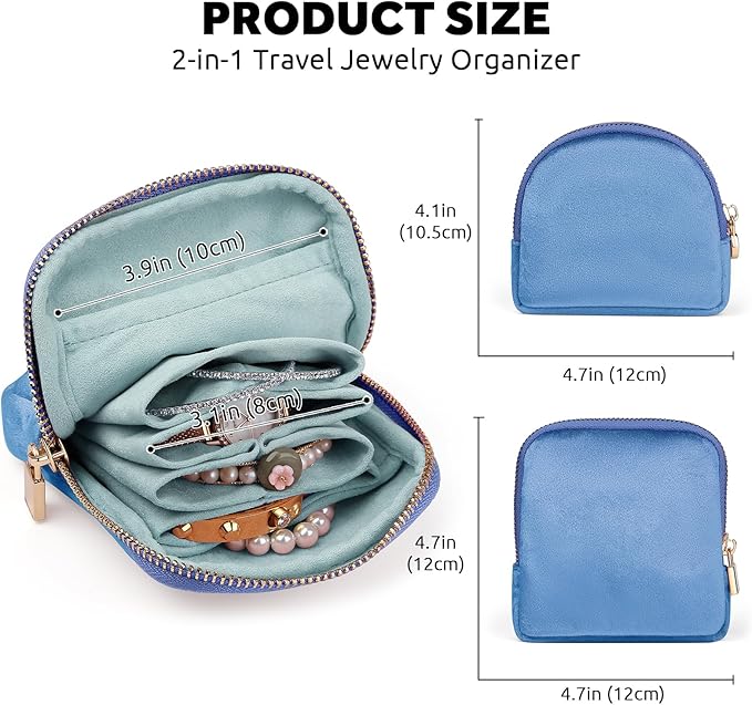 Small Travel Jewelry Case Set 2-in-1 Detachable Velvet Pouches, Portable Jewelry Organizer bag for Rings Earrings Bracelets, Gift Box for Women (Aqua Blue)