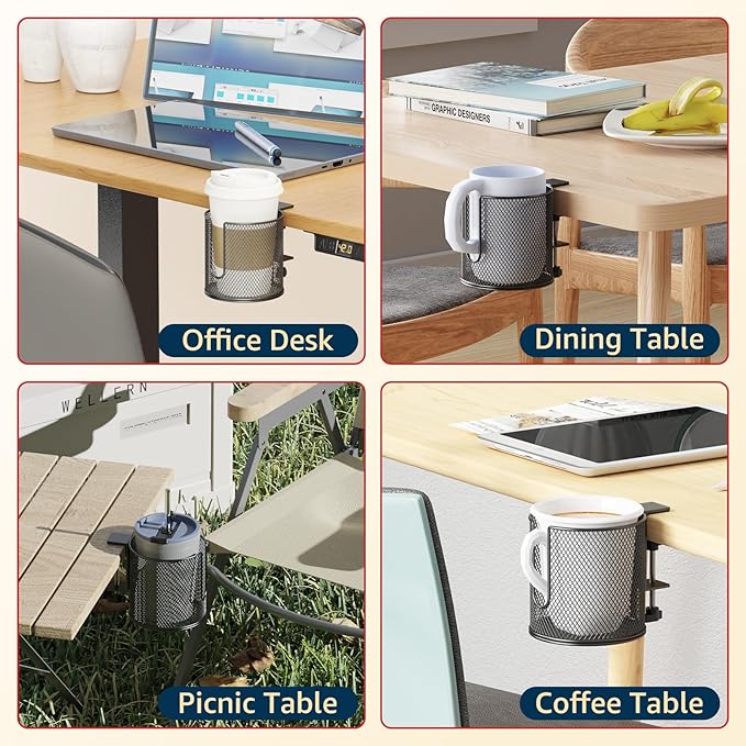 Large Desk Cup Holder, Fully Covered Anti-Spill Clip on Table Cup Holder, Office Gaming PC Desk Accessories, can Hold Universal Cup, Bottles, Mugs, Cans, Tumblers, 3.95" Inner Diameter(1 Pack Black)
