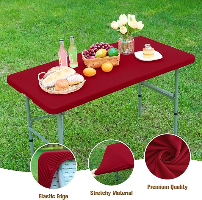 Fitted Rectangle Tablecloth 30 x 72 Inch Elastic Table Cloth for 6ft Table, Stretch Spandex Table Cover Burgundy Washable Polyester Table Top Cap Cover for Dining Picnic Camping Indoor and Outdoor