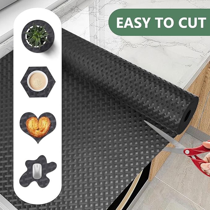 Shelf Liners, Non-Adhesive Drawer Liner, Waterproof & Oil-Proof Kitchen Cabinet Cupboard Liner Plastic EVA Material BPA Free Fridge Liner Mats Paper Protector for Shelves (Black/12in x 240in)