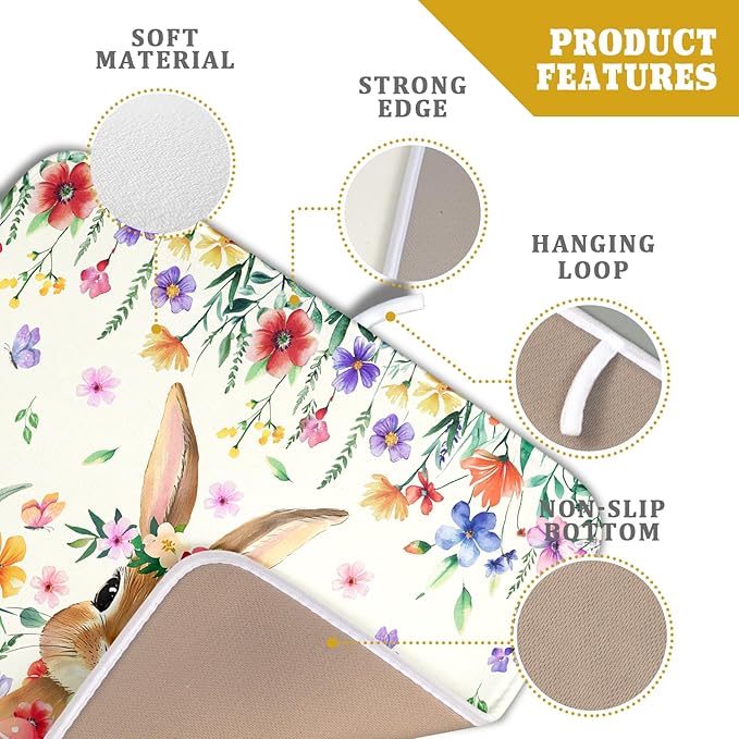 Giwawa Easter Rabbit Dish Drying Mat Spring Flower Dish Drainer Rack Mats 16x18 inch Absorbent Microfiber Fast Dry Pad Kitchen Counter Accessories