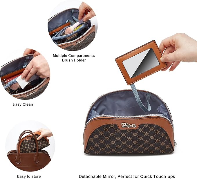 BOYATU Small Travel Makeup Bag for Women: Elegant Vegan Leather Cosmetic Pouch for Purse - Waterproof Toiletry Bag with Mirror (010-coffee)