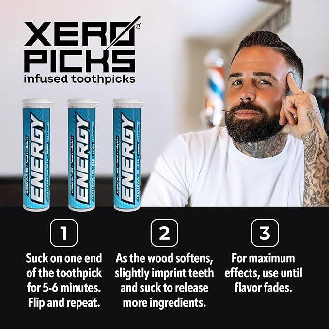 Xero Picks Energy Caffeine Flavored Toothpicks B12 for Focus & B6, 60 Picks (Pack of 3) (Cool Mint) Sugar-Free Alternative to Energy Mints & Gum - Kosher