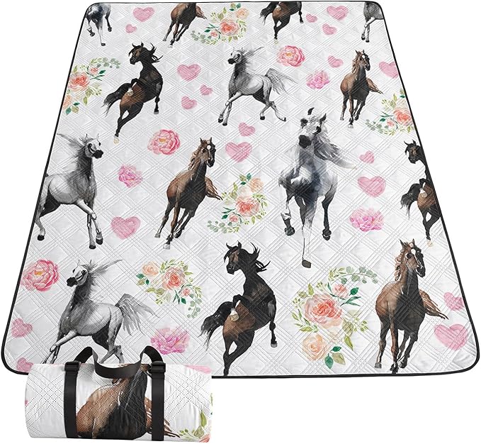 Outdoor Picnic Blanket, Portable Sandproof Waterproof Picnic Mat, Galloping Horses Printed Camping Beach Mat for Sand and Wet Grass Hiking (Galloping Horses S)