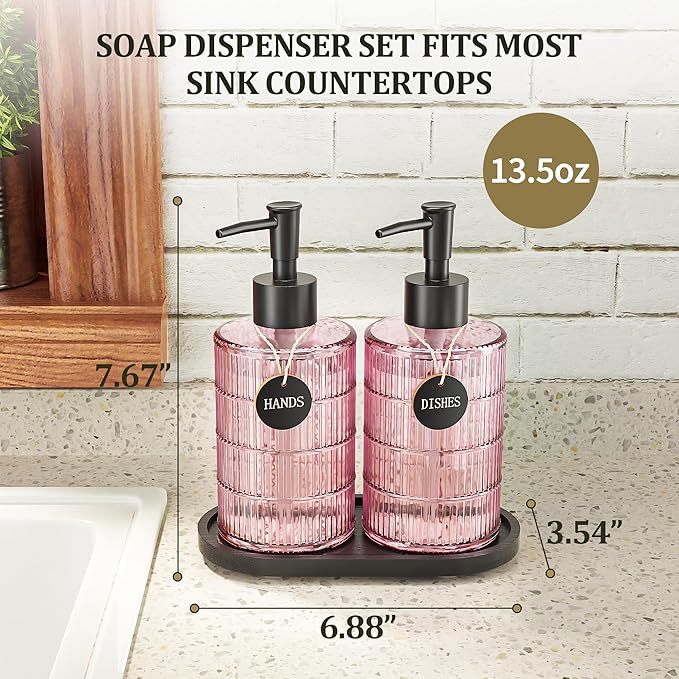 MASADI Soap Dispenser Set with Bamboo Tray, Dish and Hand Soap Lotion Dispenser Set with Wooden Pump for Kitchen and Bathroom Decor for Counter, Modern Vintage Liquid Soap Dispensers (Pink&Black)