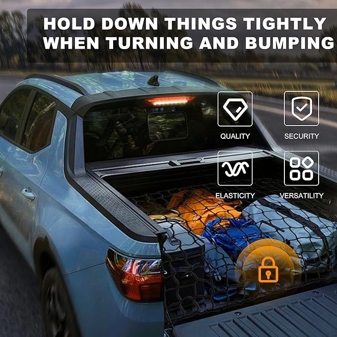 Seven Sparta 4' x 4' Large Cargo Net for Pickup Truck Bed Stretches to 7' x 7' for Truck Bed, Trailer, Trunk, SUV with 12 Bonus D Clip Carabiners Cargo Net for Large Loads (Black, 4'x4')