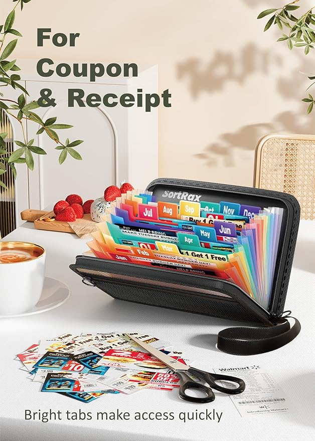 SortRax Small Receipt Coupon Organizer, A6 Size 12 Pockets Accordion File Organizer, 8X5.3 Inches, Zipper Closure - 2 Packs