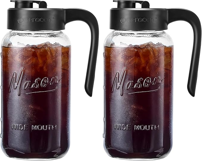Mason Jar Pitcher - Airtight & Leakproof Glass Pitcher with Lid, Perfect for Breastmilk, Cold Brew, and Sun Tea, 2 Quart (64 oz) Mason Jar with Pour Spout Lid