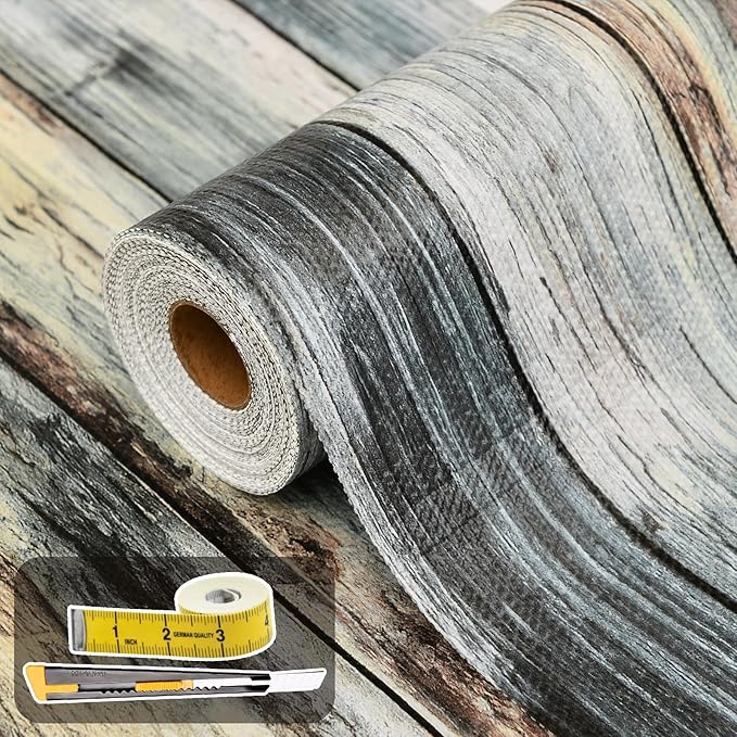 Shelf Liners for Kitchen Cabinets Non Adhesive Drawer Liner 17.5in x 20FT Blue Shiplap Quatrefoil Thickened Shelf Liner Strong Non-Slip Easy to Clean Tool Box Refrigerator with Knife and Tape Measure