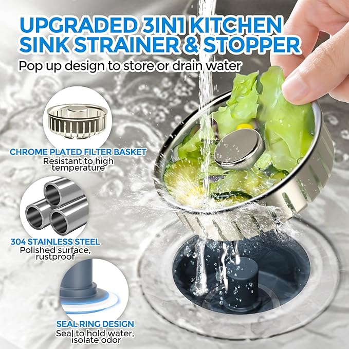 zaa Kitchen Sink Drain Strainer - Kitchen Sink Stopper, 304 Stainless Steel Sink Drain Stopper, Sink Protector for Kitchen with Anti-Clog Filter, Fit US Standard 3-1/2'' Sink Drain Hole, Nickel