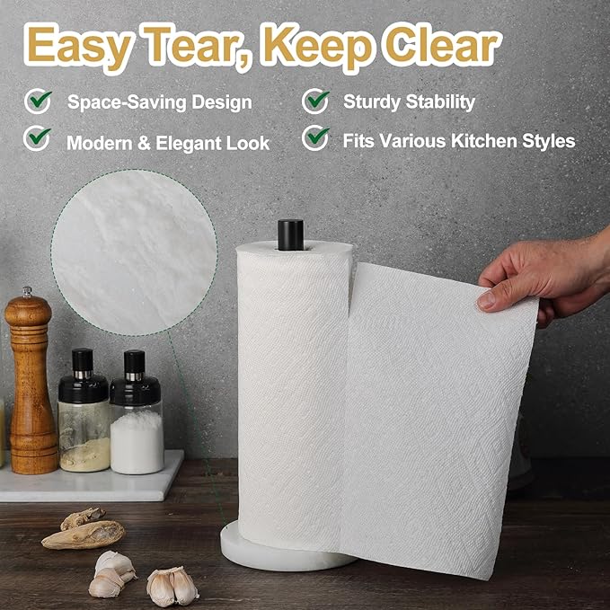 Koville African Genuine Marble Paper Towel Holder Countertop, Metal Rod 6" Marble Base Paper Towel Holder Stand for Kitchen Organization and Storage, Fit for Standard Size Rolls