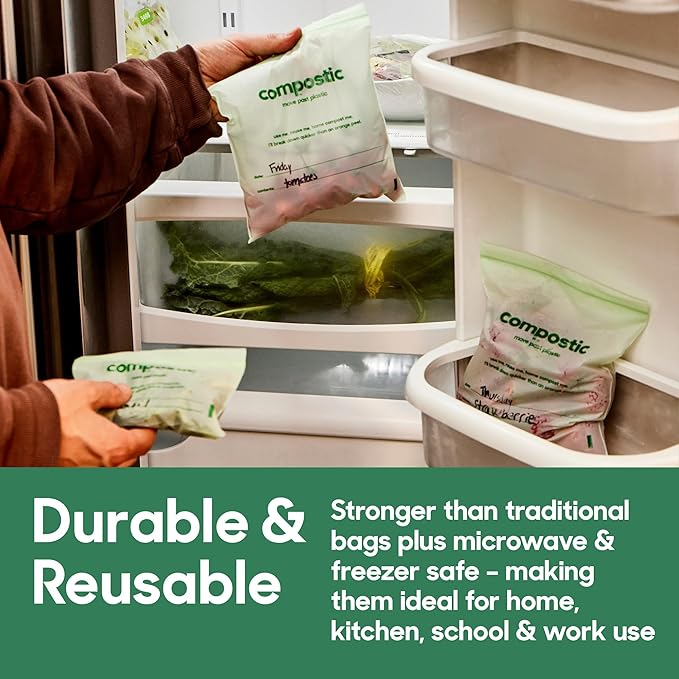 Compostic Home Compostable Resealable Snack Bags, Microwave & Freezer Safe, Organic Food Storage Container, 180 Count + 20 Bonus Bags