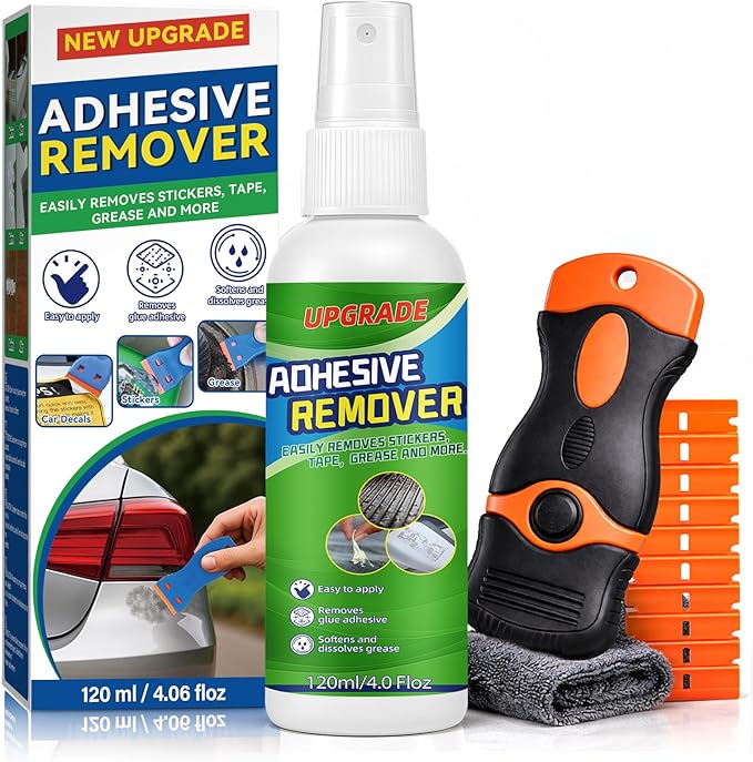 Adhesive Remover Spray Kit, 4 fl oz Sticker Remover for Labels, Glue, Residue, Tape, Decals, Fast Acting Glue Remover Includes Scraper and 10 Extra Plastic Razor Blades for Home, Car, Glass, Metal