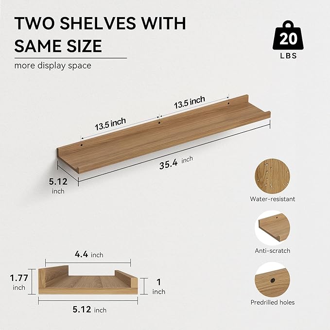 35.3 Inches Long Floating Shelves, Set of 2 Rustic Wall Shelves for Bedroom, Nursery Bookshelf with Lip, Picture Ledge Shelf for Wall Decor Living Room Bathroom Kitchen - Oak