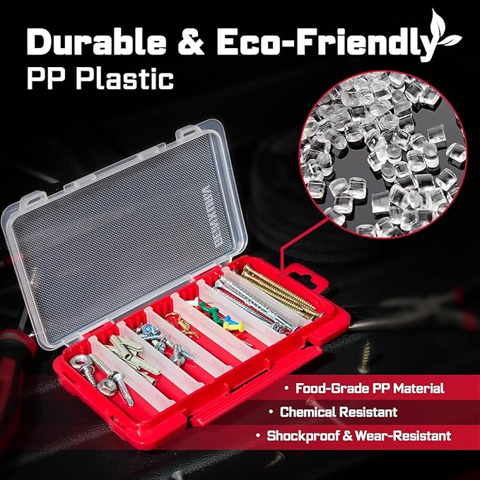 Small Flat Storage Parts Organizer, 2Pcs Red Portable Transparent Plastic Small Parts Tool Box with Removable Dividers, Screwdriver Bit Cases Storage(2 Pieces)