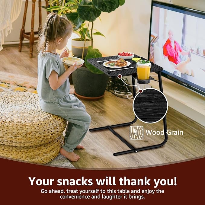 TV Trays Set of 4 - Folding TV Tray Adjustable Dinner Trays for Eating On Couch Wooden Tables Mate Stand Foldable Black Desk with Cup Holder Portable