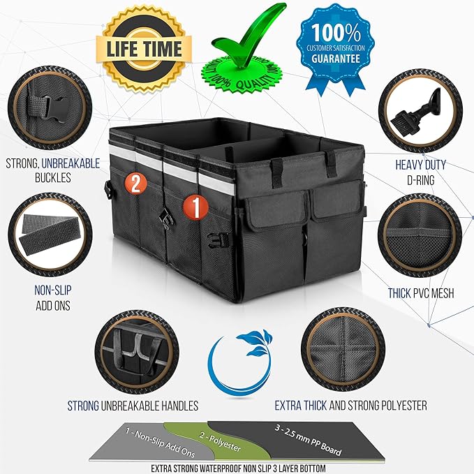 Starling's Car Trunk Organizer Super Strong, Foldable Storage Cargo Box for SUV, Auto, Truck Nonslip Waterproof Bottom, Fits any Vehicle, Comes with Adjustable Tie-Down Straps with Lid (Black, 2