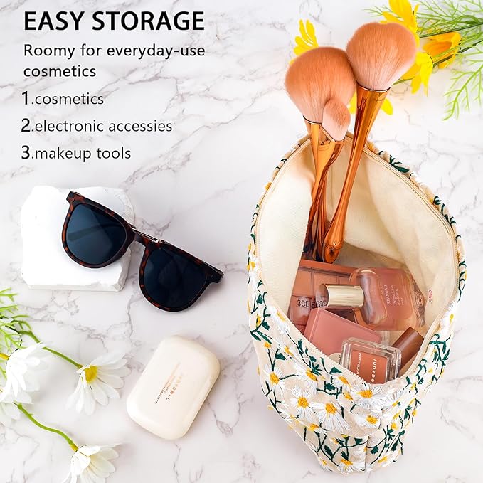 ZLFSRQ Daisy Flower Makeup Bag Travel Cute Floral Cosmetic Bag for Women Girls Small Embroidery Makeup Zipper Portable Storage Toiletry Pouch for Purse Aesthetic Christmas Essential Cosmetic Organizer