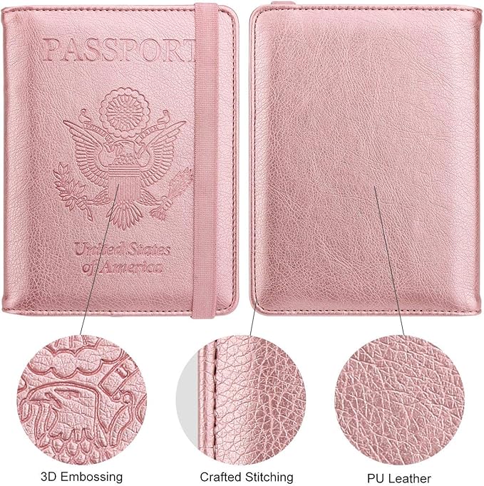 WALNEW Passport Holder for Travel, RFID Passport Cover Wallet for Women Men, PU Leather Passport Book Card Holder Case with Pen (Upgraded, Upgraded-Rosegold)