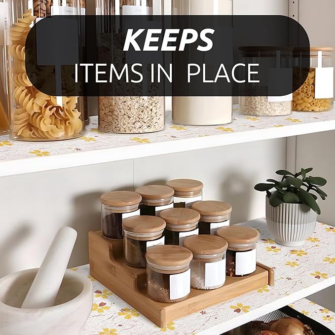 RAY STAR 12X120 Inch Shelf Liner for Kitchen Cabinets, Non-Adhesive Cabinet Liner Washable, PVC Drawer Liner for Dresser Non-Slip Bathroom (Yellow-Floral)(5 Roll)