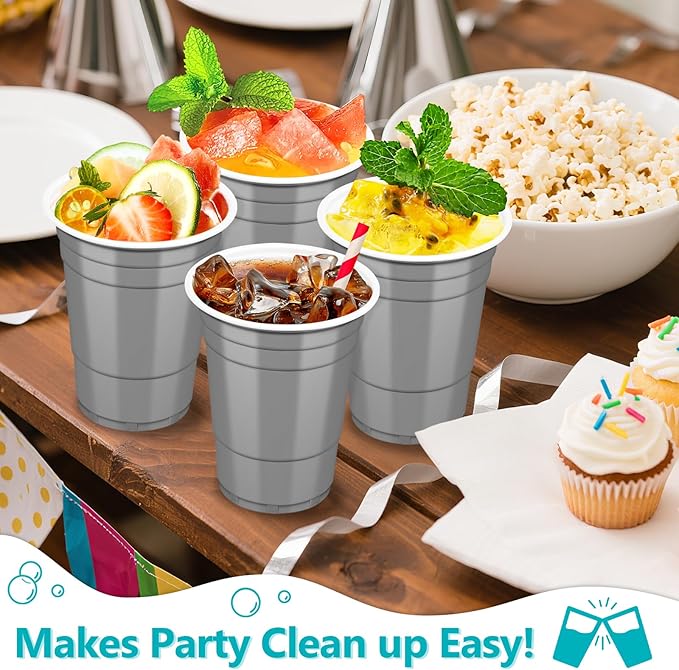 LANLISA 50 Gray Plastic Cups, 16 oz Disposable Cups, Drinking Cups For Party Supplies