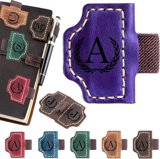 Artlaza Personalized Magnetic Leather Bookmark with Pen Holder - 26 Letters Custom Book Mark with Name Initial Engraved Book Marker for Readers, Book Lovers, Travelers - Gift for Women & Men(Purple，A