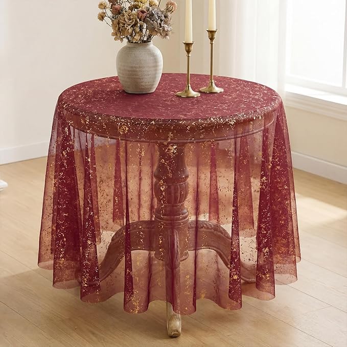 Horaldaily Burgundy Gold Gauze Tablecloth 60x60 Inch Round, Golden Sequin Glitter Metallic Foil, Sheer Tulle Cheesecloth for Wedding Baby Shower Ceremony Birthday