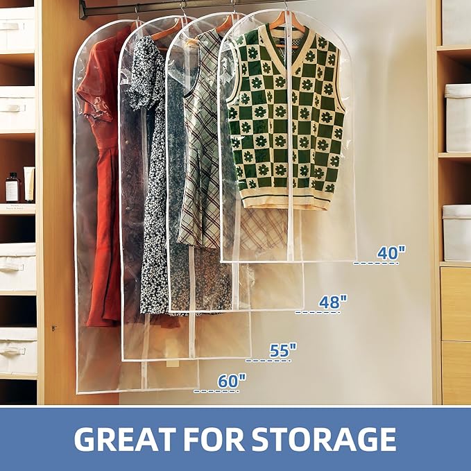40" All Clear Garment Bags for Hanging Clothes, 12 Packs Suit Bags for Closet Storage, Plastic Waterproof Suit Cover Bags with Zipper for Coats, Jackets, Shirts (Set of 12)
