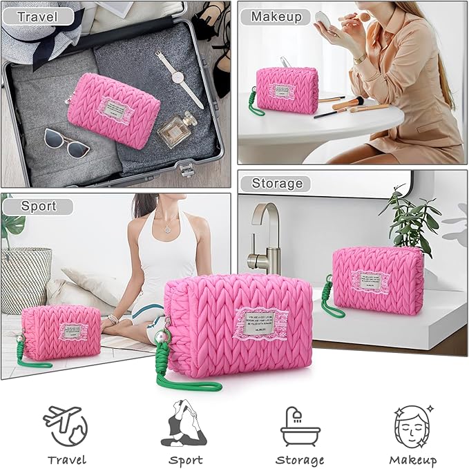 DOB SECHS Small Puffer Makeup Bag Quilted Cosmetic Bag Clutch with Wristlet, Cute Makeup Pouch for Purse, Cotton Woven Puffy Toiletry Bag for Women, Mini Travel Essentials Organized Pouches, Hot Pink