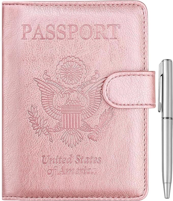 WALNEW Passport Holder for Travel, RFID Passport Cover Wallet for Women Men, PU Leather Passport Book Card Holder Case with Pen (Buckle Closure, Buckle-Rosegold)