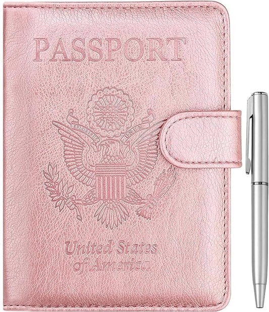 WALNEW Passport Holder for Travel, RFID Passport Cover Wallet for Women Men, PU Leather Passport Book Card Holder Case with Pen (Buckle Closure, Buckle-Rosegold)
