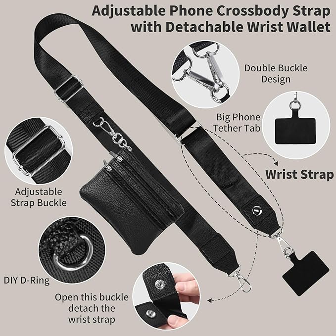 PUGPIU 2 Pack Clip and Go Strap for Phone with Wallet Crossbody - Phone Strap Crossbody with Zippered Pouch, Multifuctional Adjustable Cell Phone Lanyard for Going out