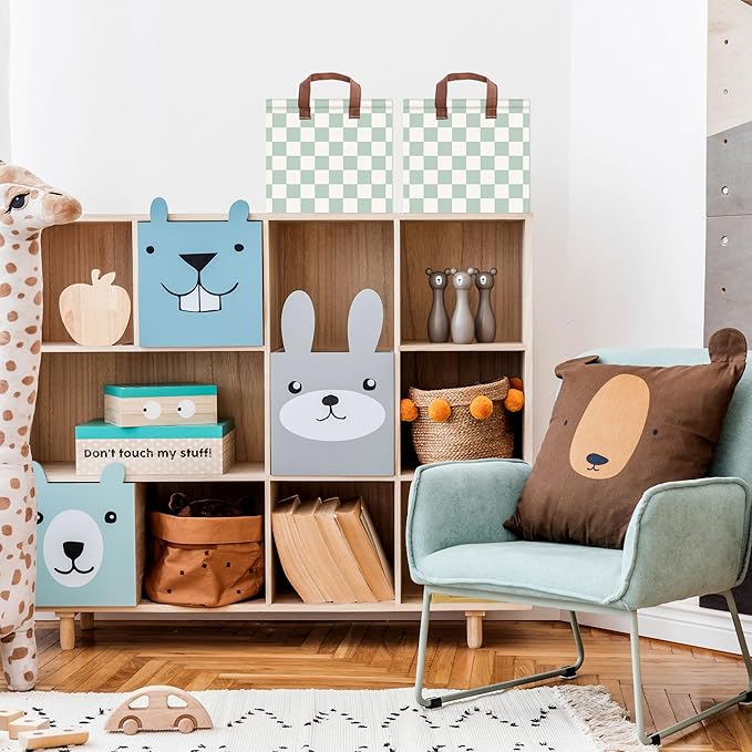 Cyan Checkered Basket Waterproof Canvas Toy Storage Bin Checkered Room Decor Collapsible Outdoor Basket with Leather Handles Cyan Decor Blanket Baskets For Closets,Bedrooms,Gifts Baskets